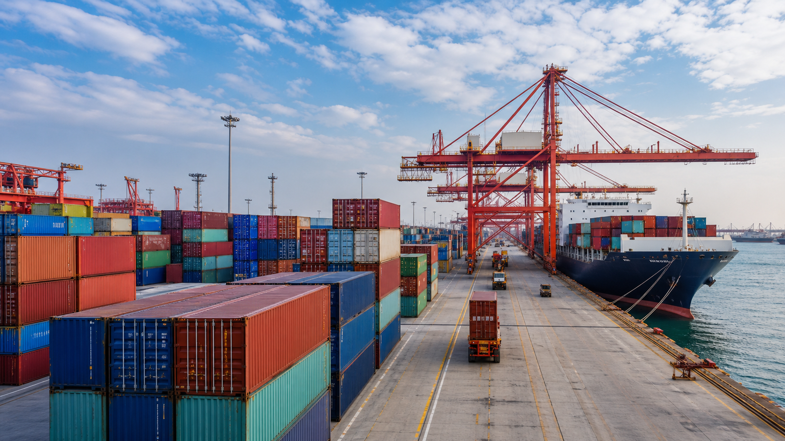 Chinese container port trade lane with stacked containers and vessel loading