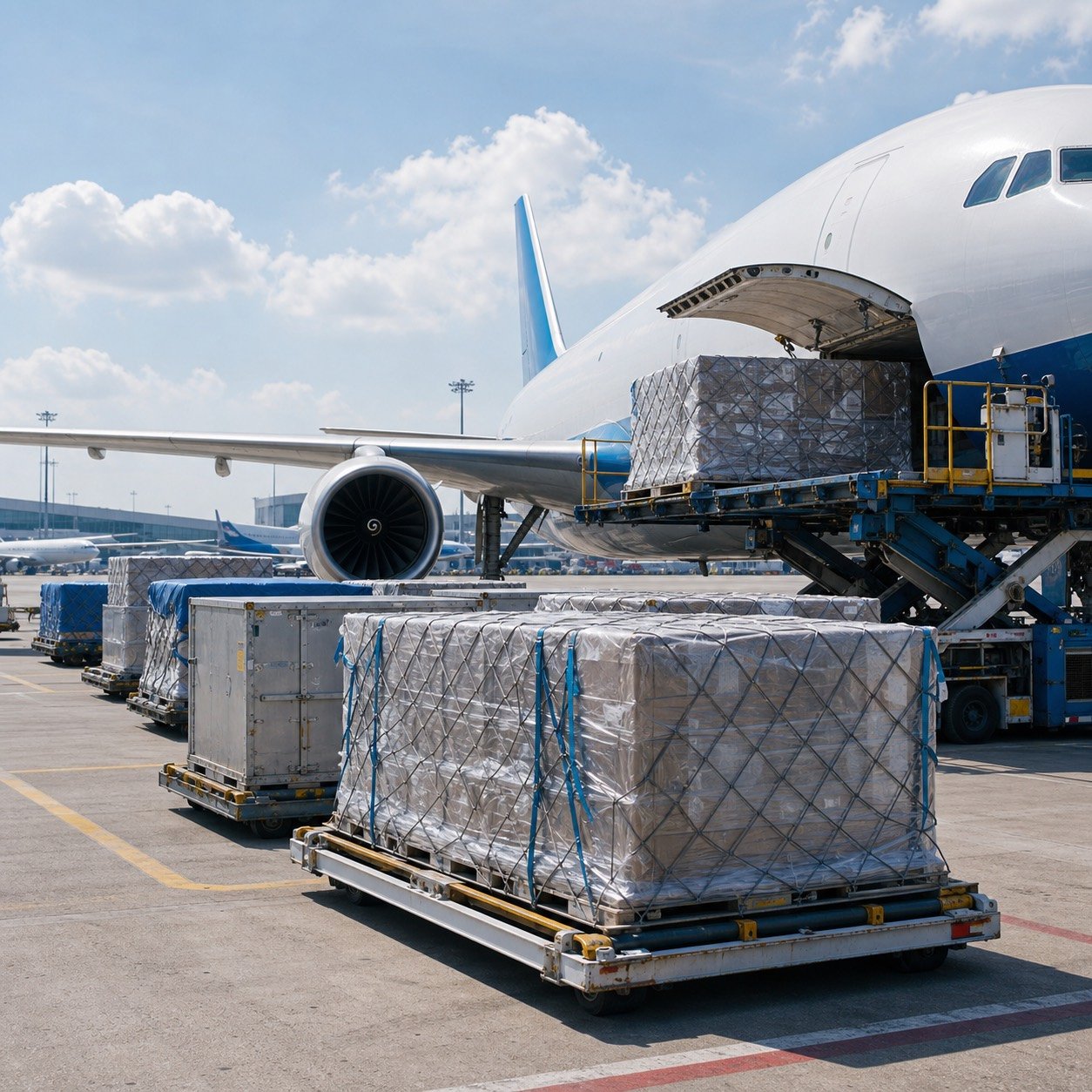 Air freight cargo pallets near aircraft