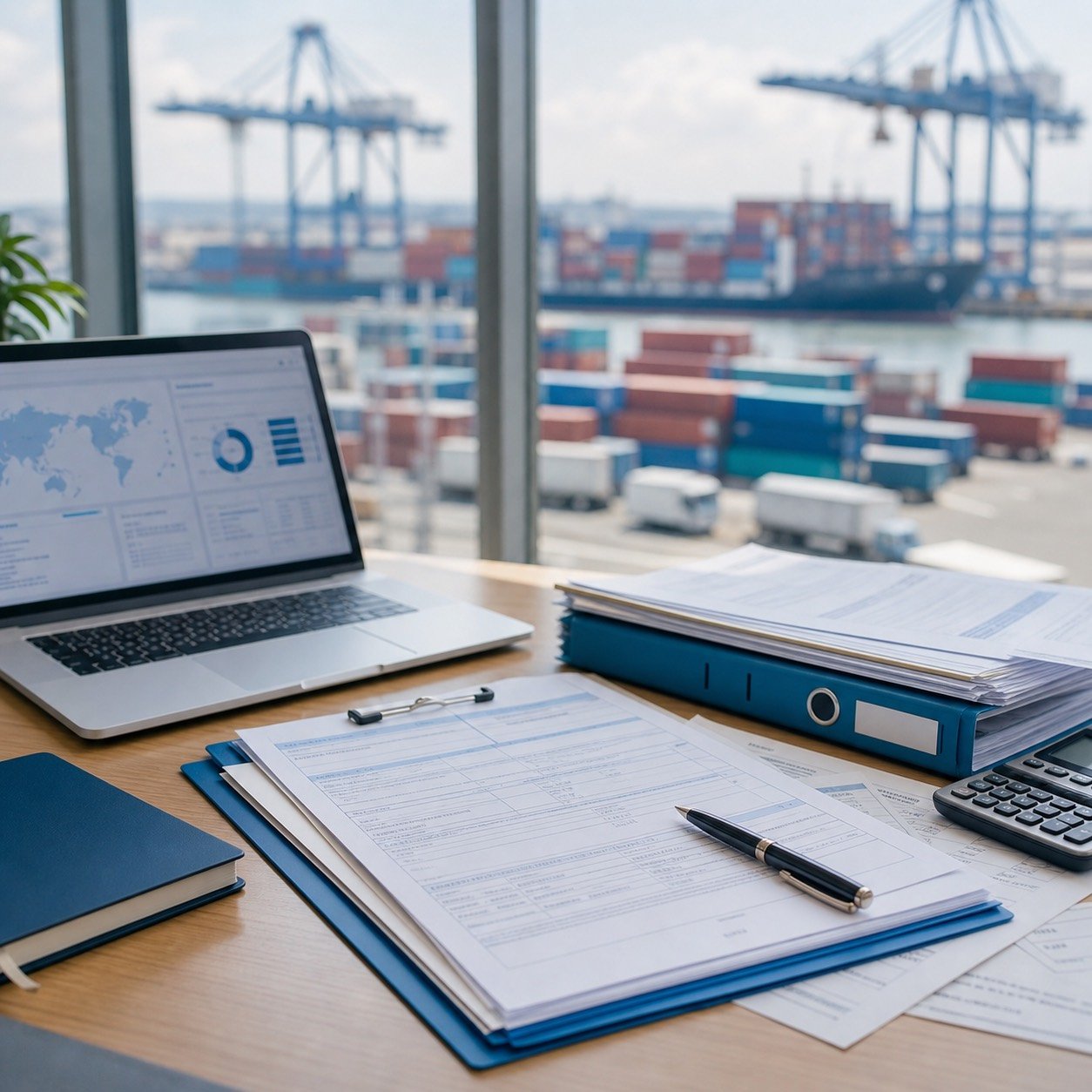 Customs documents and logistics planning desk