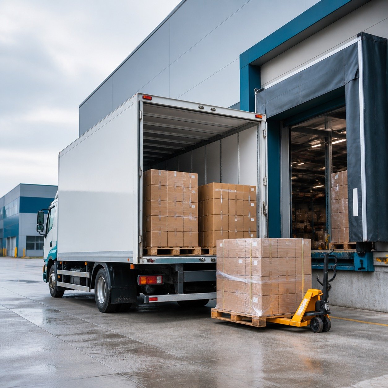 Door delivery truck unloading cartons at warehouse dock