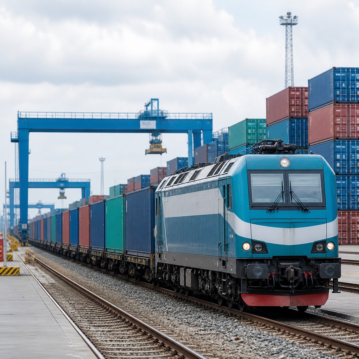Rail freight container train at terminal